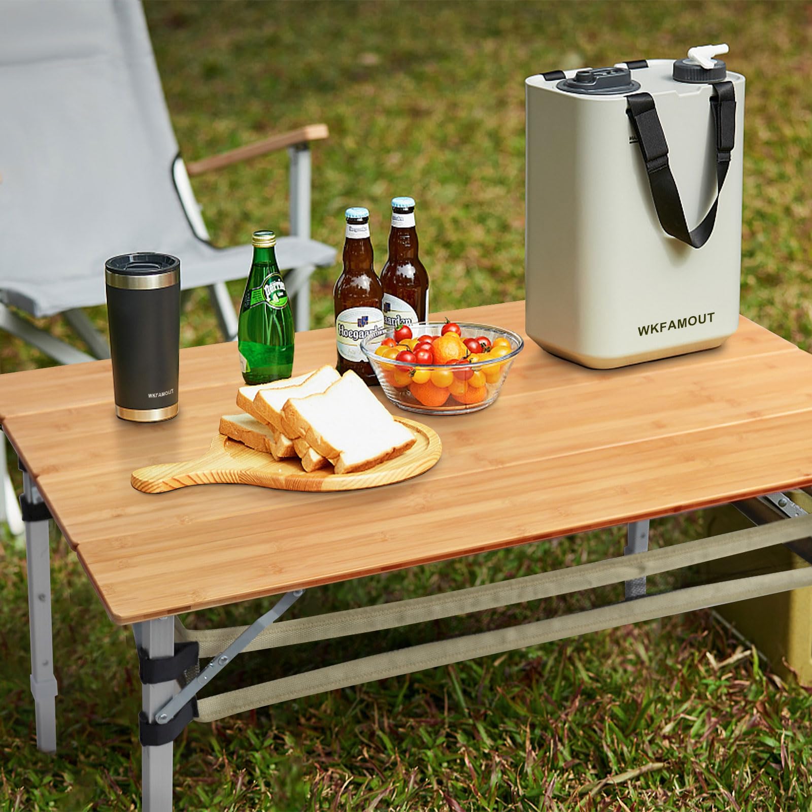 WKFAMOUT bamboo camping table at the beach during sunset