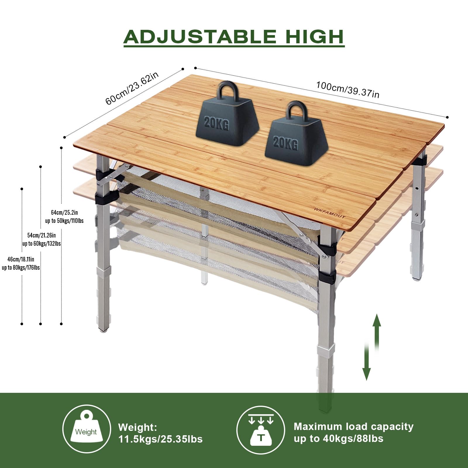 WKFAMOUT camping table with mesh pocket storage for snacks and gear during outdoor use