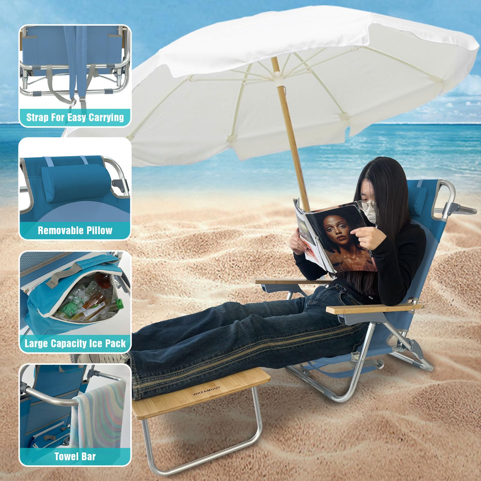 WKFAMOUT five-position adjustability enables lay-flat sunbathing and comfortable seating.