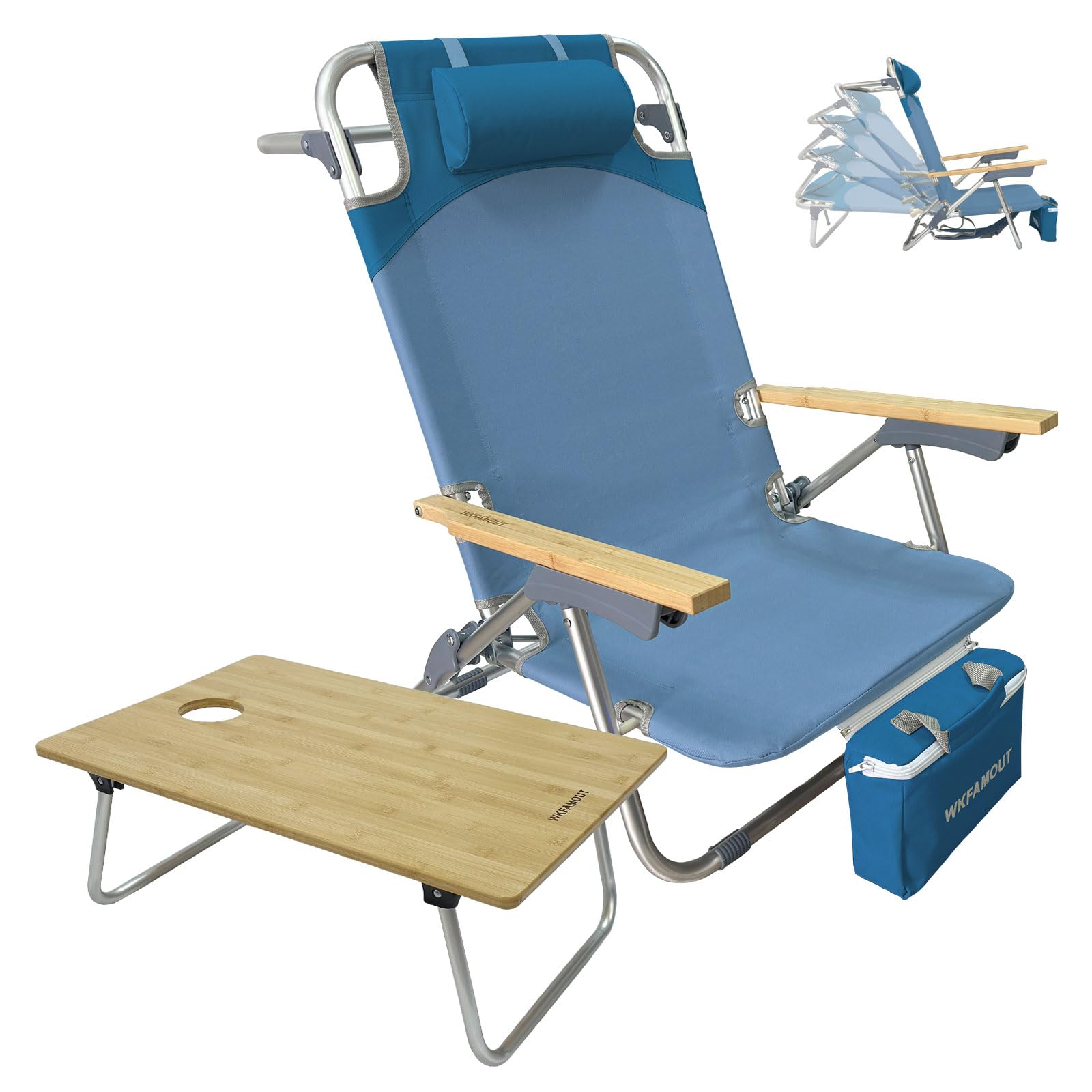 WKFAMOUT folding backpack beach chair opened with bamboo table provides convenient sun lounging and tabletop surface.