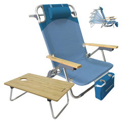 WKFAMOUT folding backpack beach chair opened with bamboo table provides convenient sun lounging and tabletop surface.