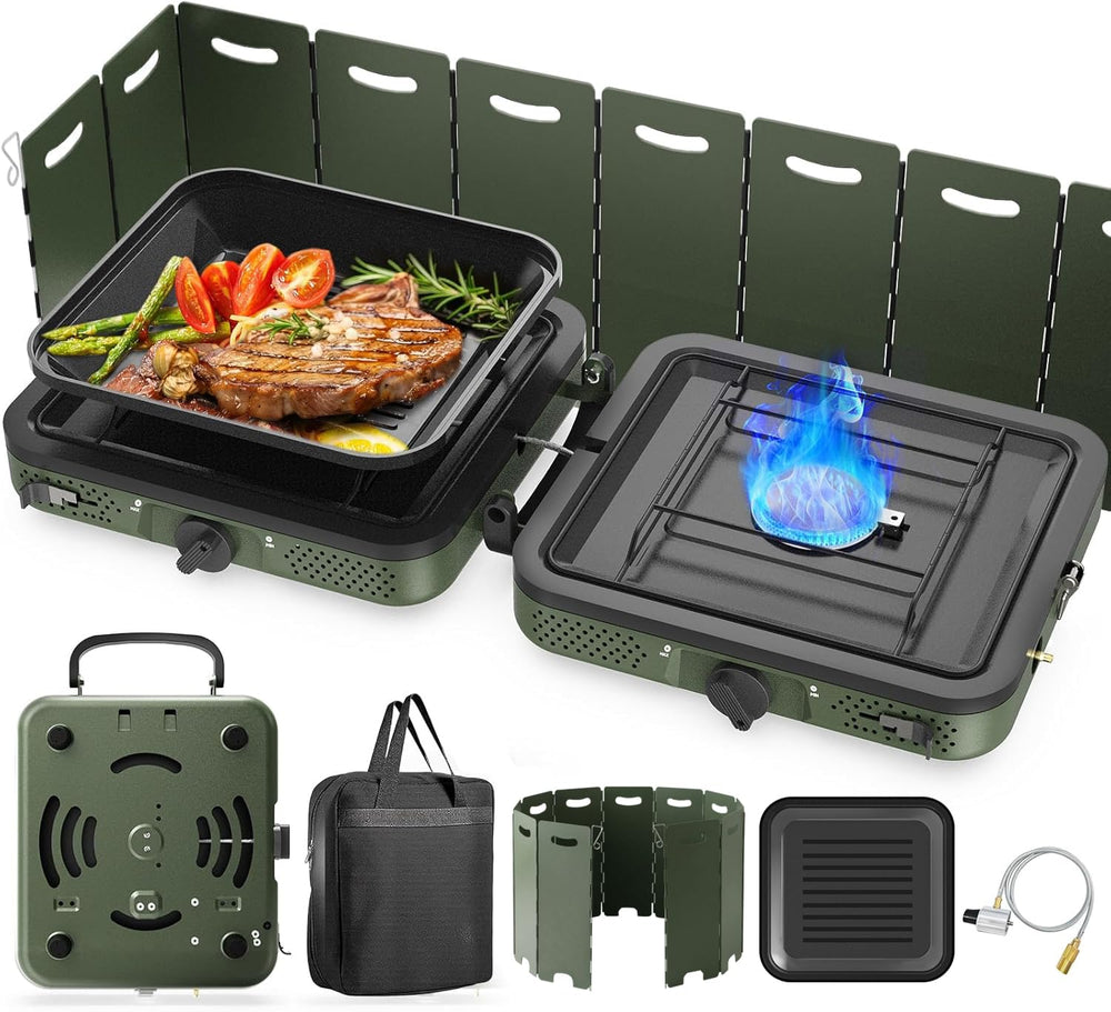 WLSINJL camping stove with two burners assembled for efficient outdoor cooking