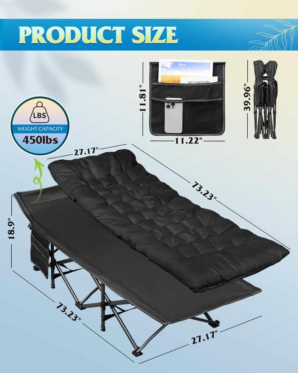 WLIVE 1200D Oxford camping cot mattress highlights breathable comfort for outdoor sleep.