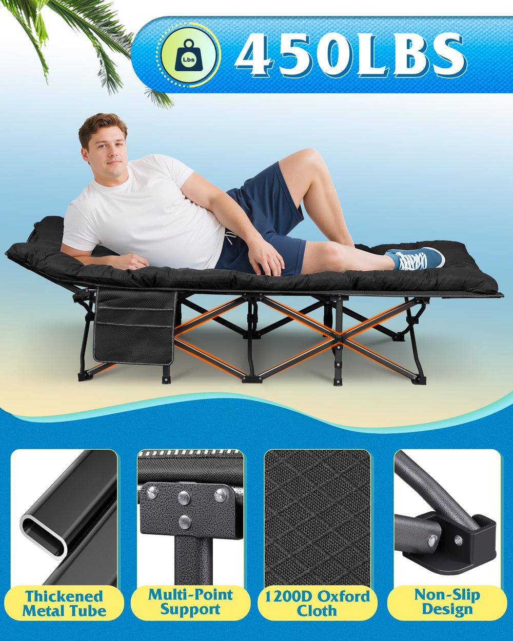 WLIVE camping cot heavy-duty frame demonstrates sturdy support for adults during camping.