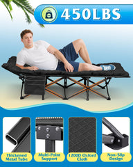 WLIVE camping cot heavy-duty frame demonstrates sturdy support for adults during camping.
