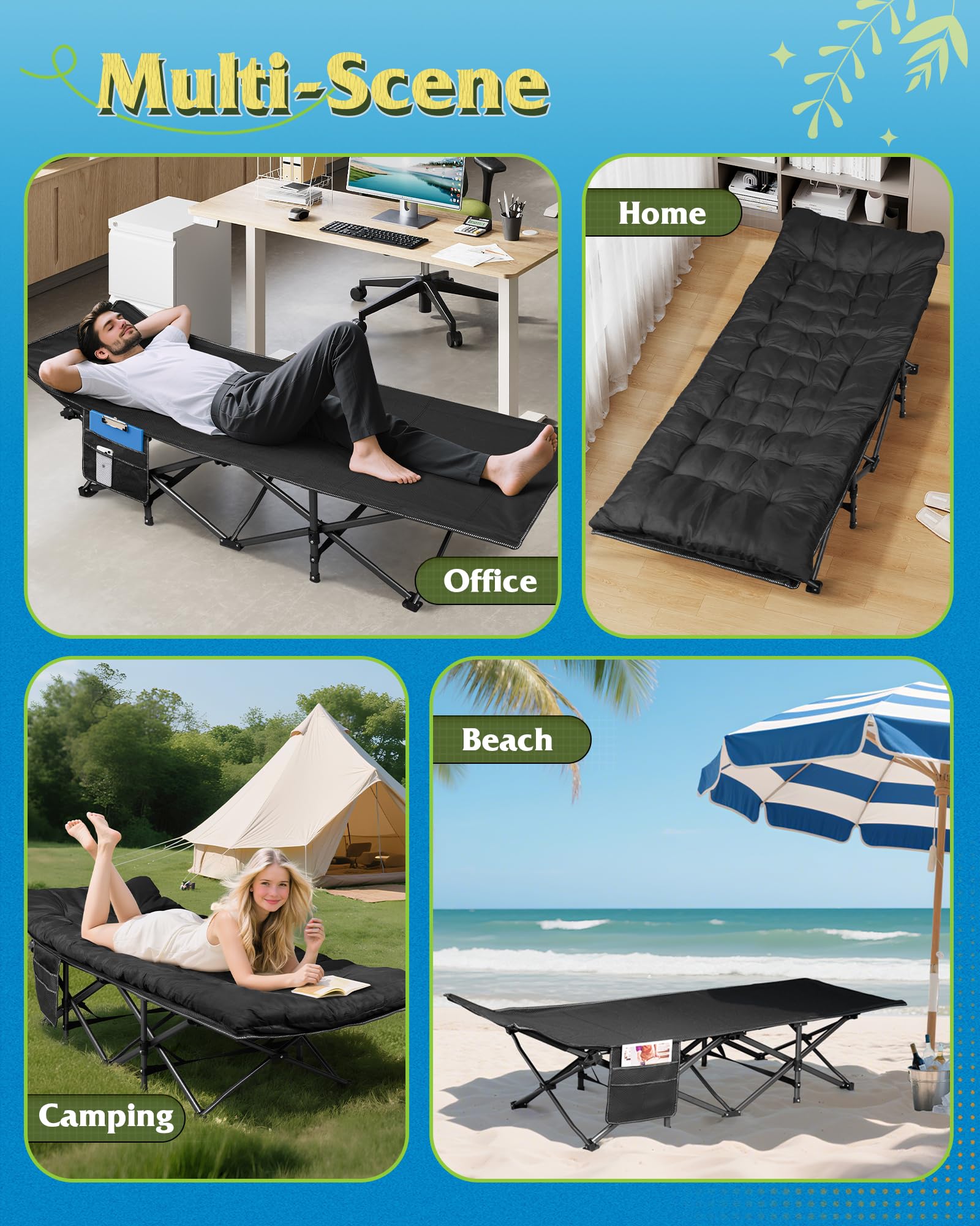 WLIVE camping cot non-slip feet ensure stable placement on uneven ground for safety.