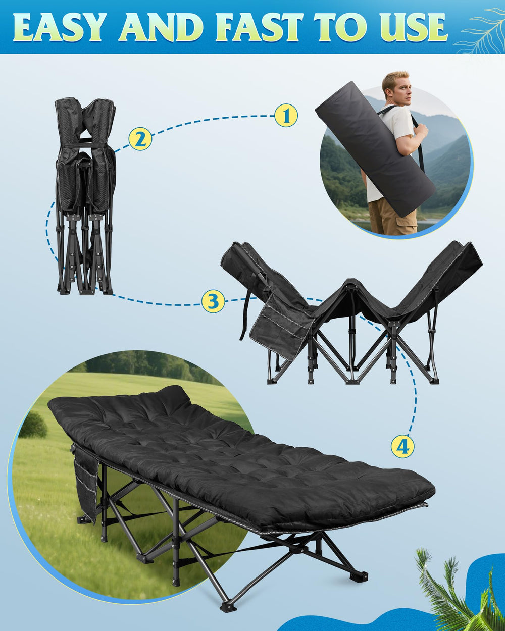 WLIVE camping cot side pocket illustrates convenient access to phone, glasses, or drinks.