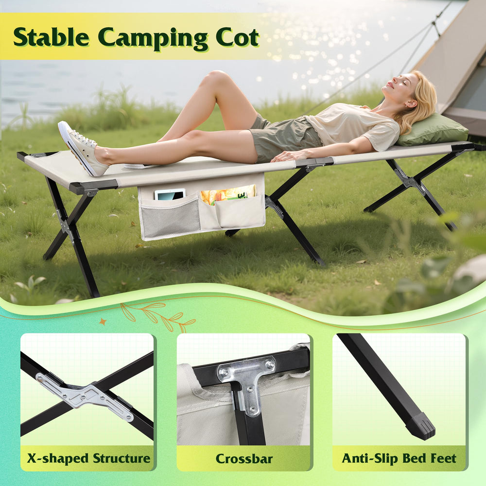 WLIVE military camping cot crossbar design highlights quick setup.