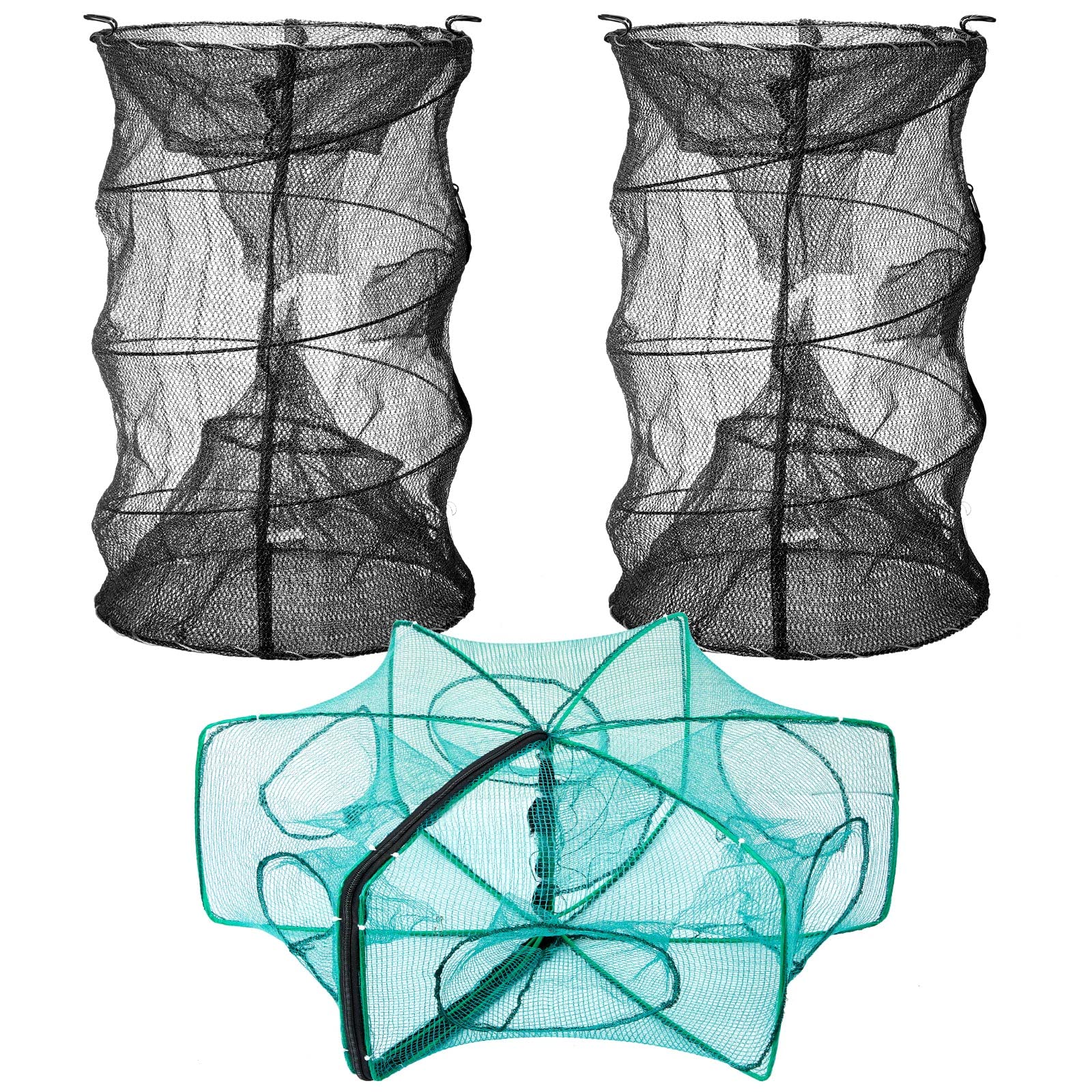Woanger 3-piece minnow trap set displayed together: two cylindrical traps and one hexagon shrimp net.