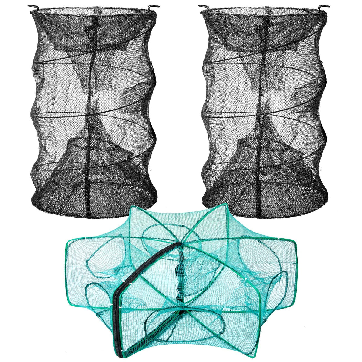 Woanger 3-piece minnow trap set displayed together: two cylindrical traps and one hexagon shrimp net.