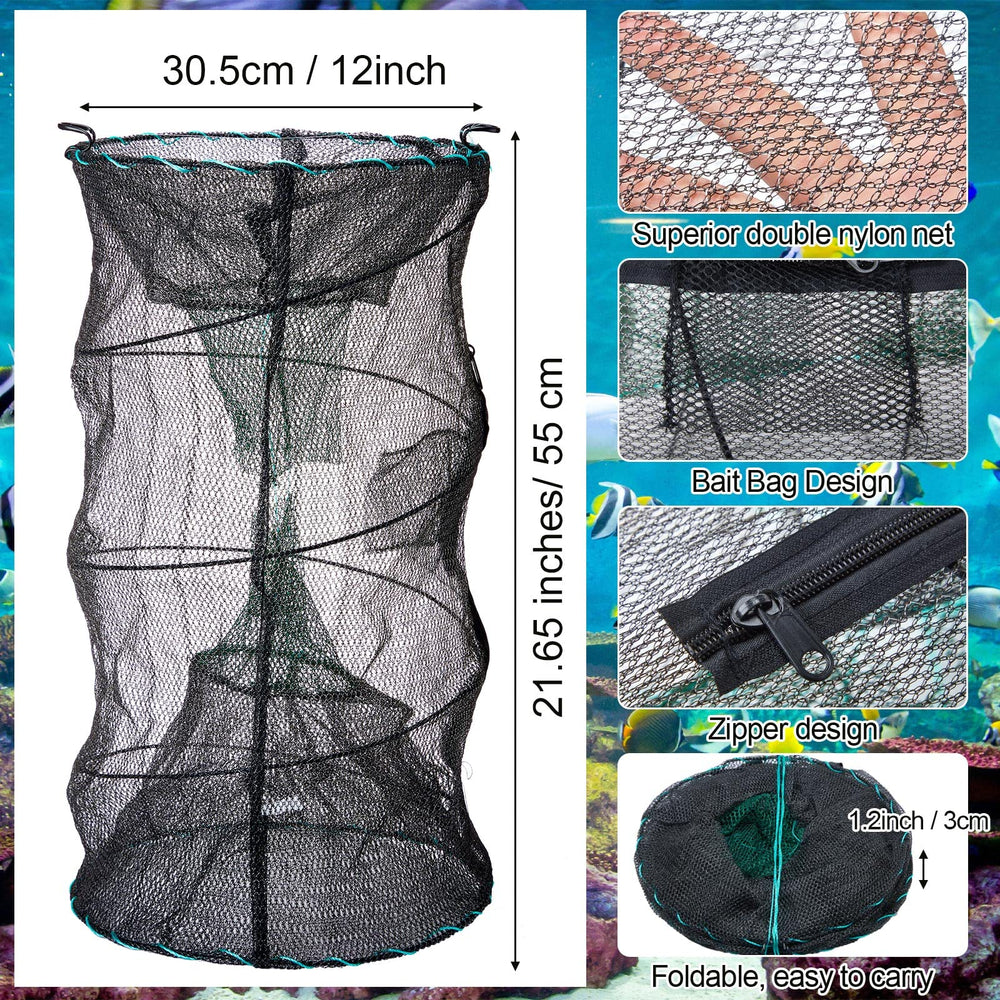 Close-up of cylindrical minnow trap showing double-layer nylon mesh and steel wire frame.