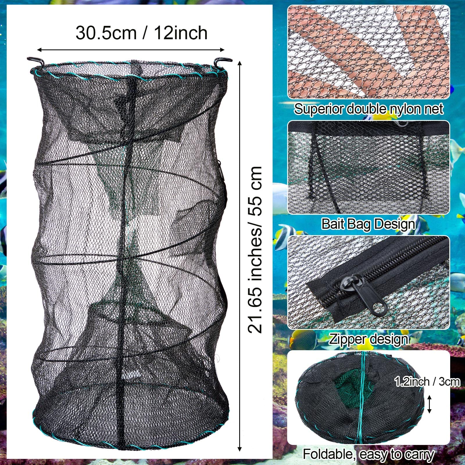 Woanger minnow trap side view shows durable nylon mesh and steel wires