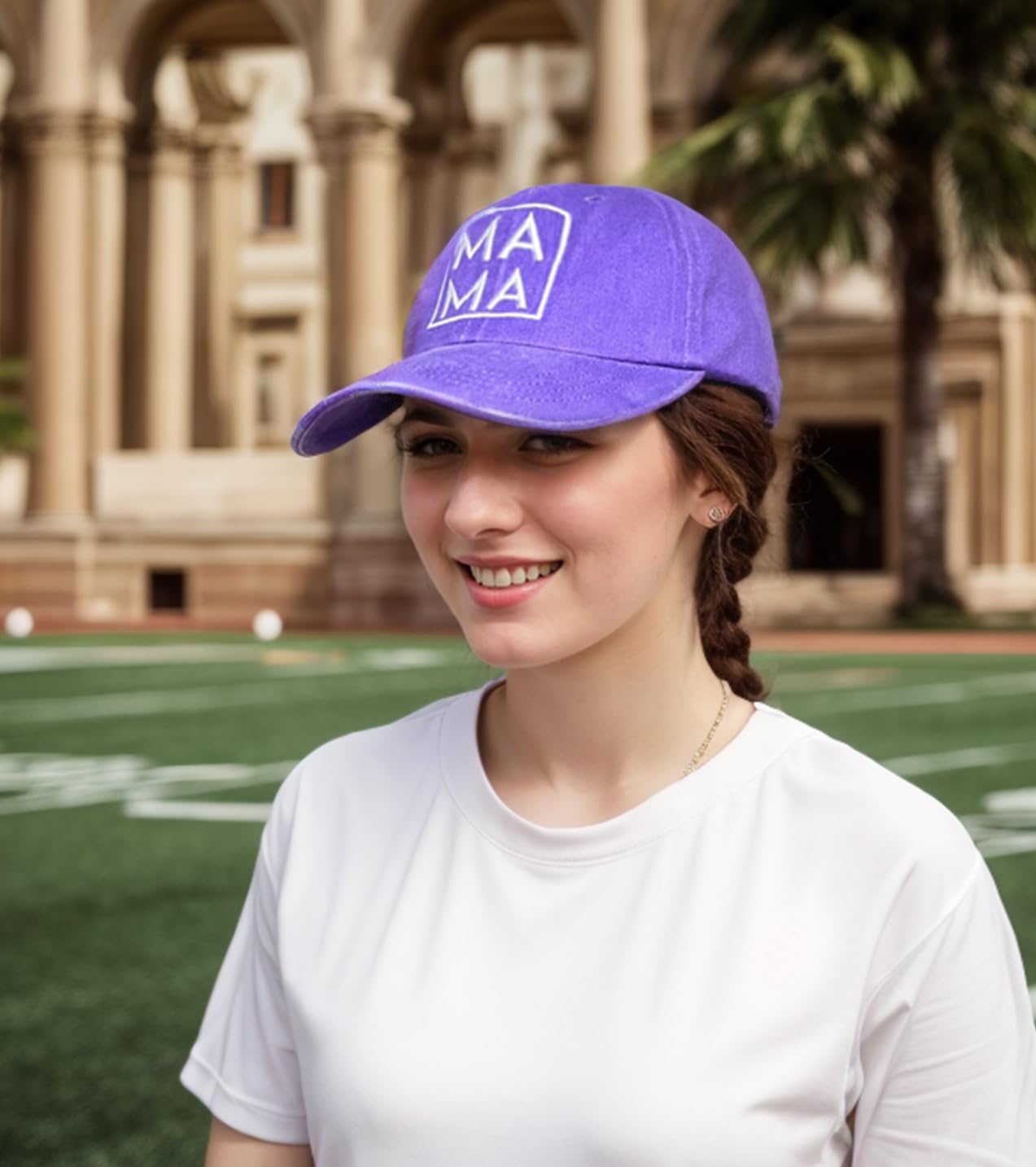 Wearing purple mom hat outdoors