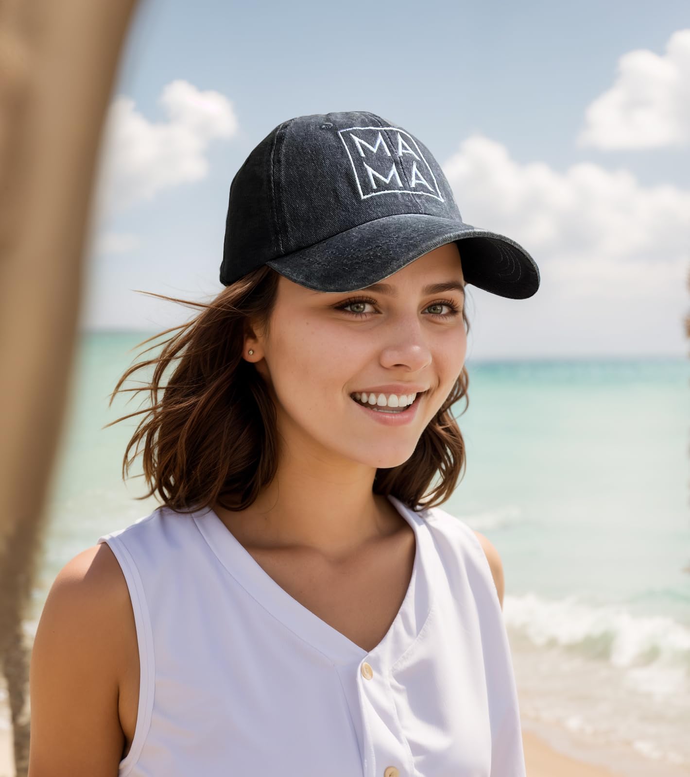 Lifestyle shot: mom wearing Wodeal Mama Hat for Women, black