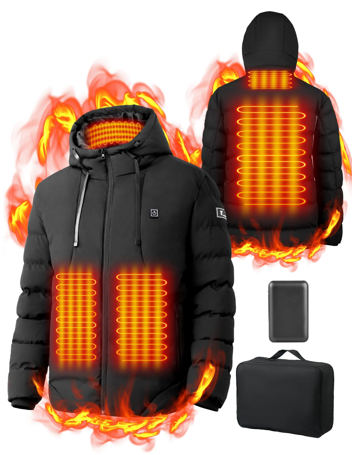 Wodesid heated coat back view with visible warmth zones for cold days