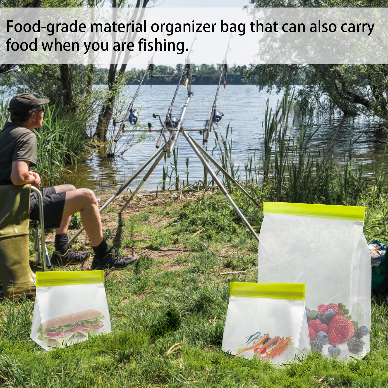 Close-up of clear bait storage bag showing contents