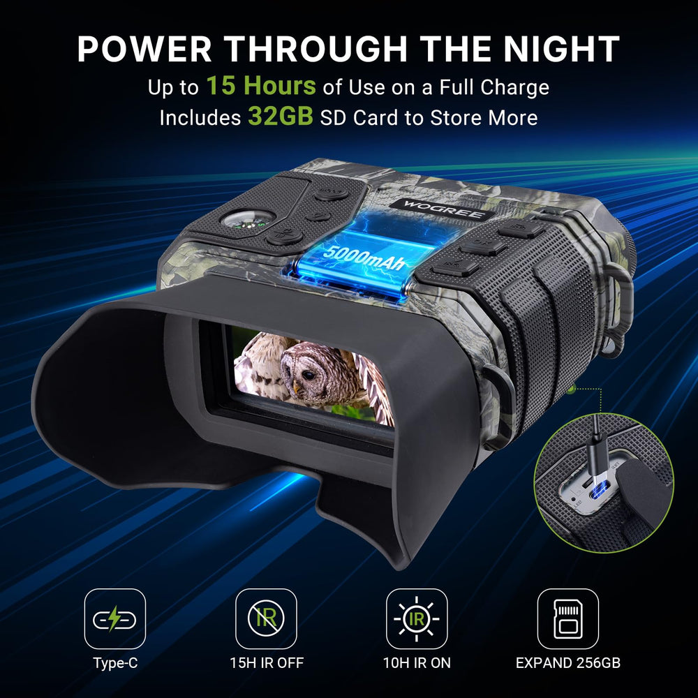 WOGREE Night Vision Goggles 5000mAh battery delivers extended outdoor observation sessions.