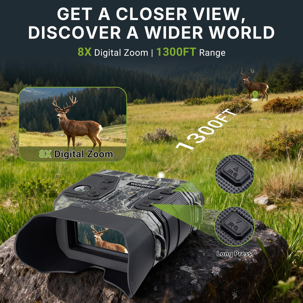 WOGREE Night Vision Goggles 1300ft range enables long-distance target identification.