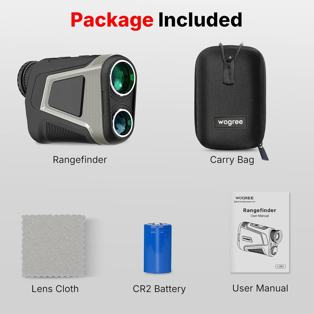 WOGREE package includes case, battery, cloth, and manual.