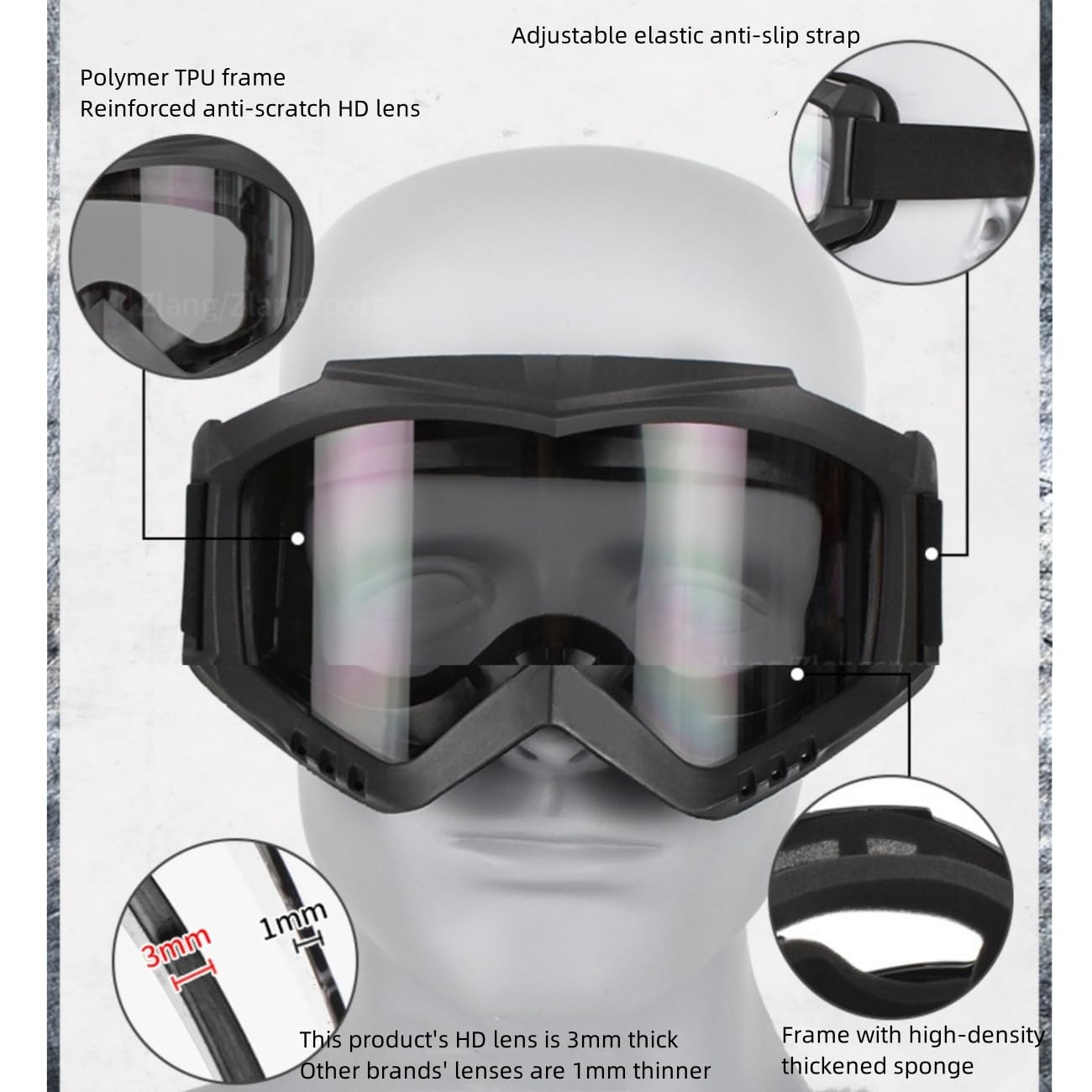 Close-up of 3mm thick HD lens on Wokyo goggles
