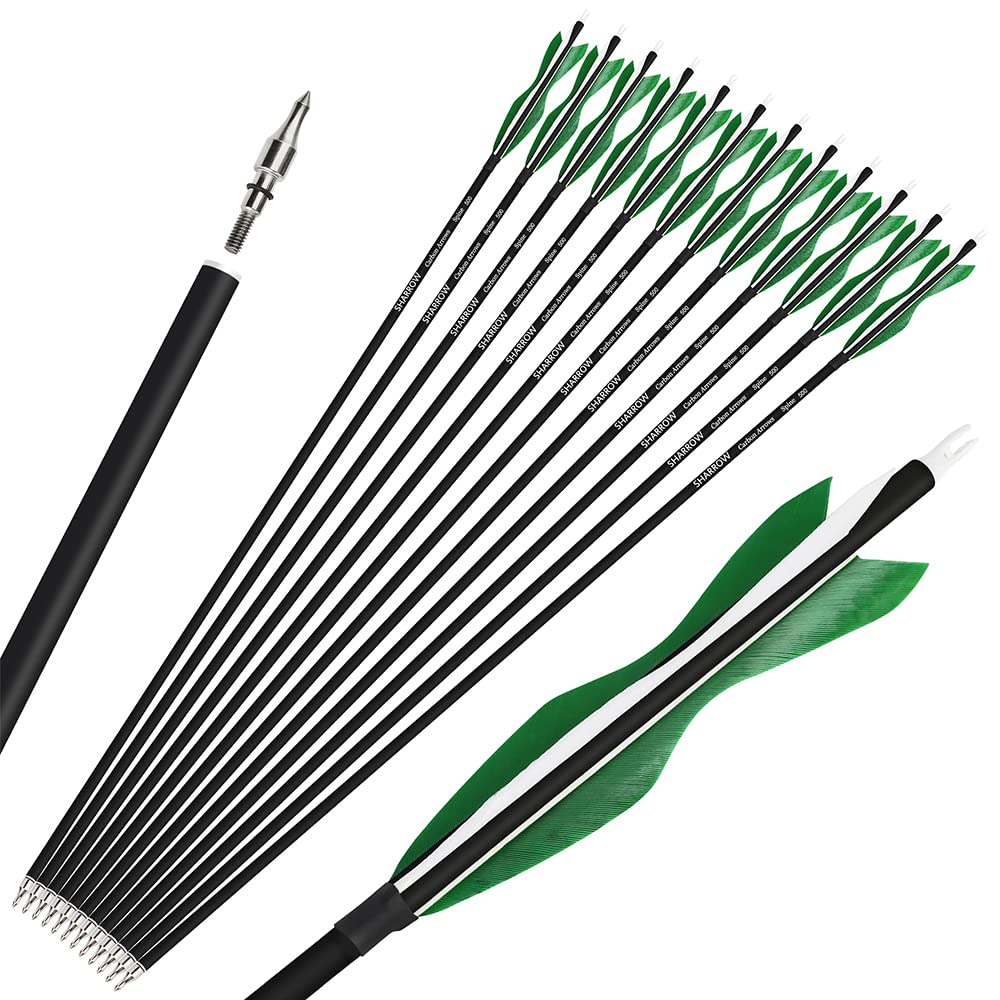 Wolfman 31-inch carbon arrow with green fletching for stable flight