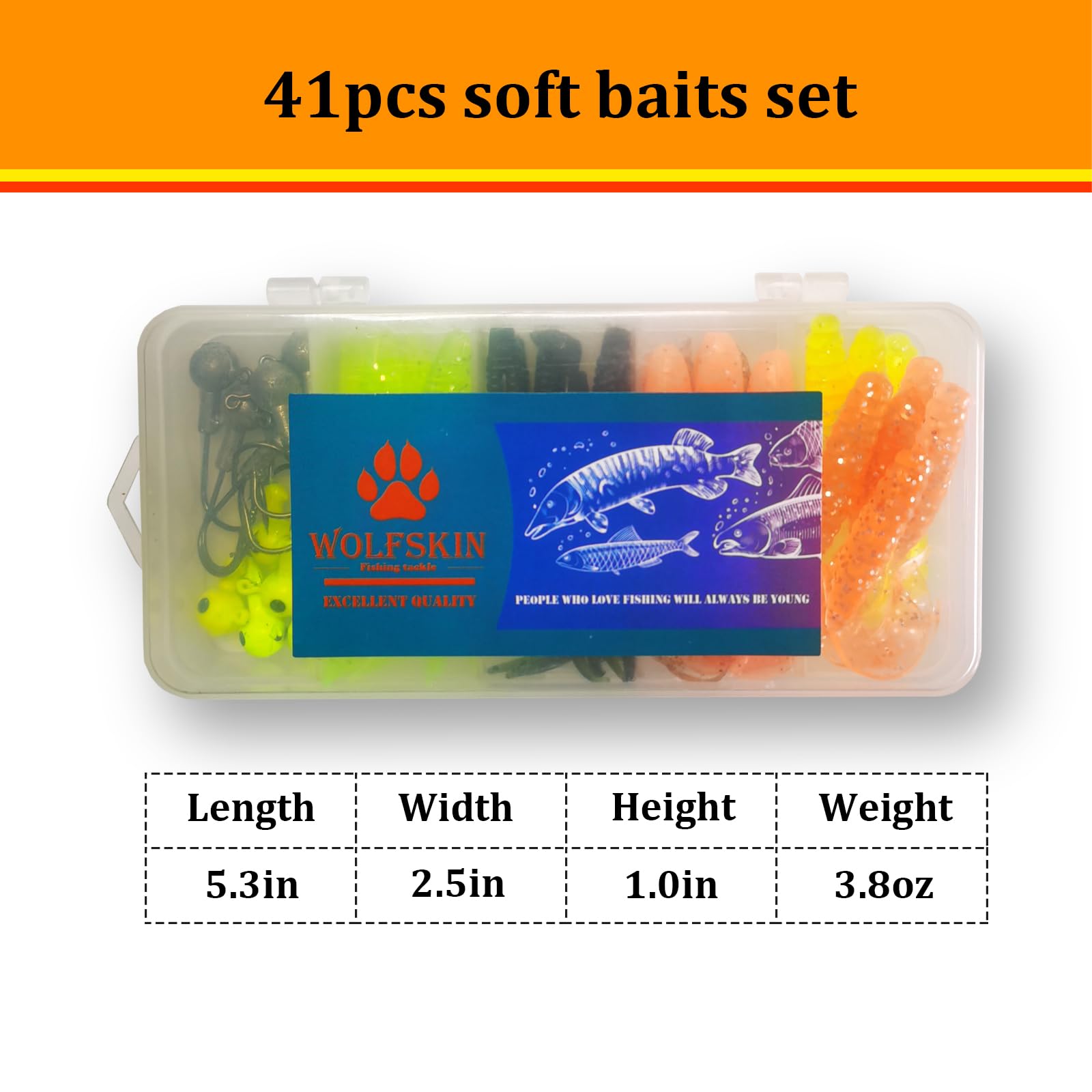 Colors and sizes of soft plastics suitable for bass, trout, and walleye