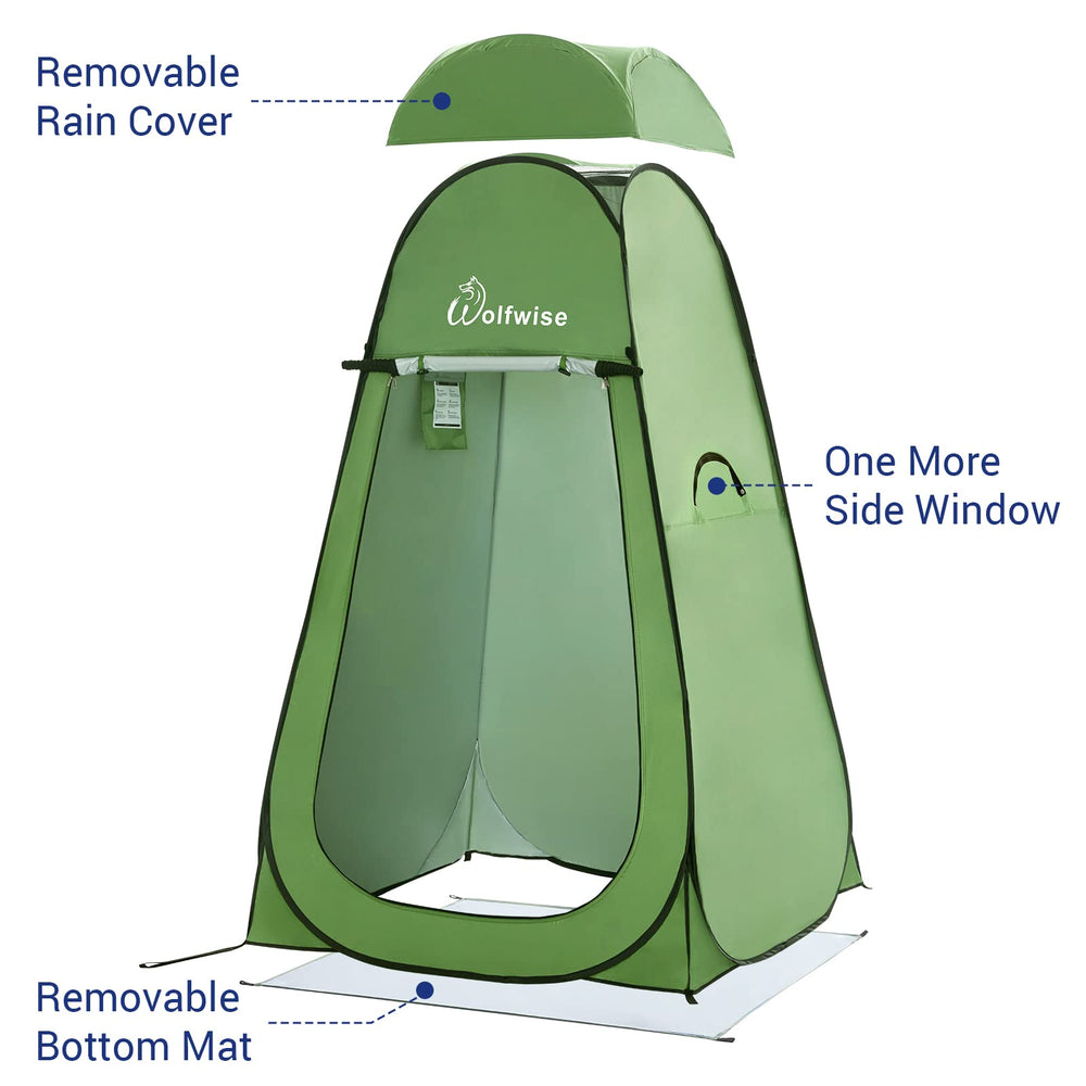WolfWise private shower tent with rain fly withstands light showers outdoors.