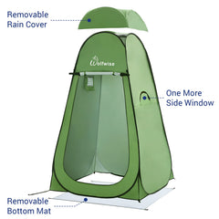 WolfWise private shower tent with rain fly withstands light showers outdoors.