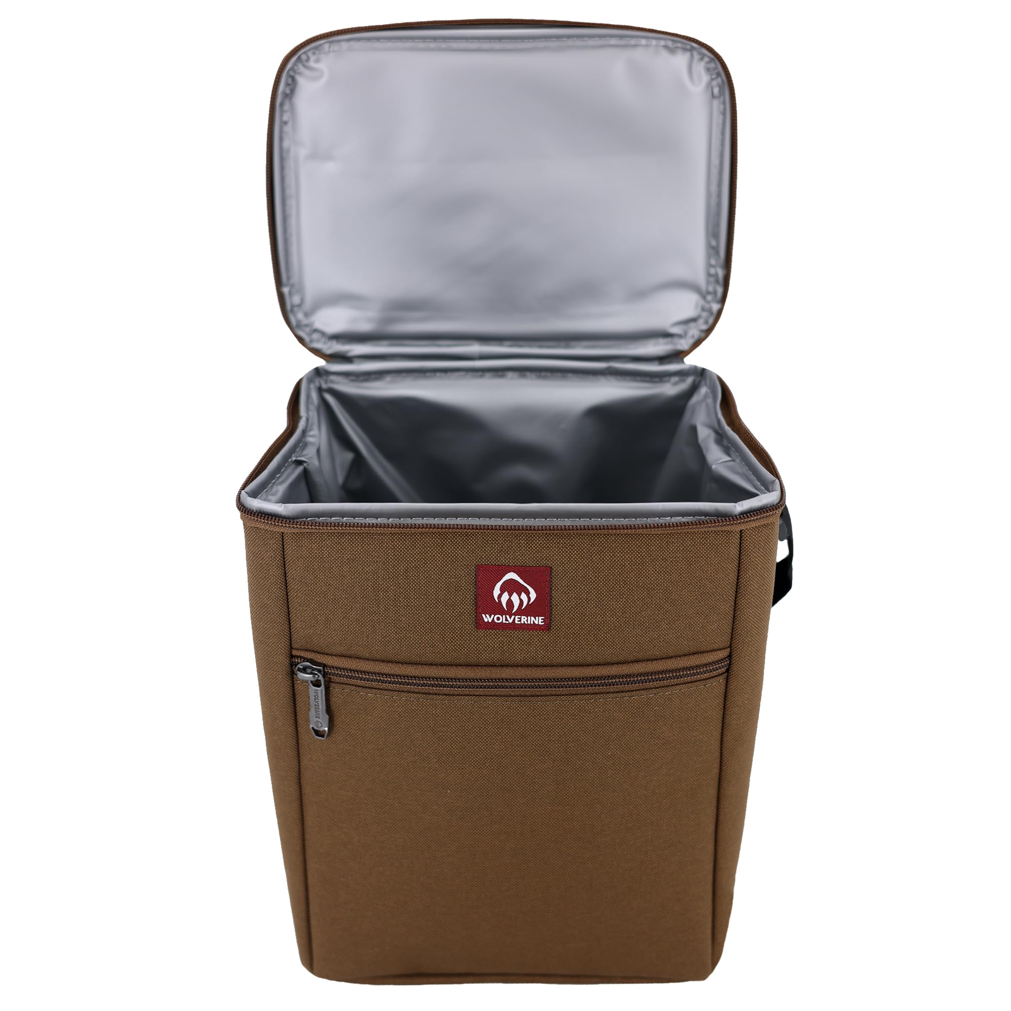 Wolverine Vertical 12 Can Cooler Chestnut front pocket emphasizes extra utensil storage.