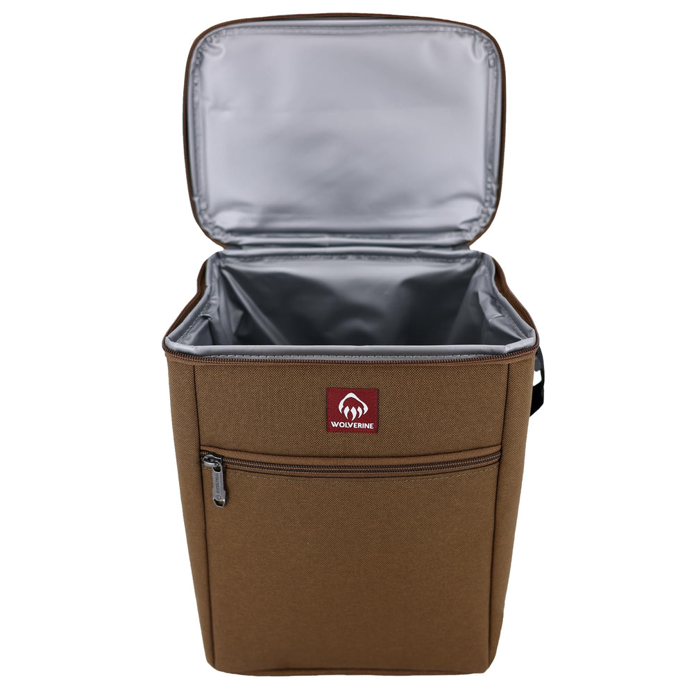 Wolverine Vertical 12 Can Cooler Chestnut front pocket emphasizes extra utensil storage.