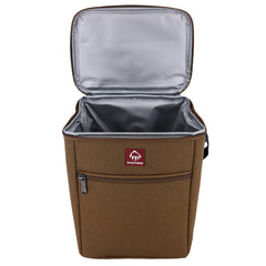 Wolverine Vertical 12 Can Cooler Chestnut front pocket emphasizes extra utensil storage.