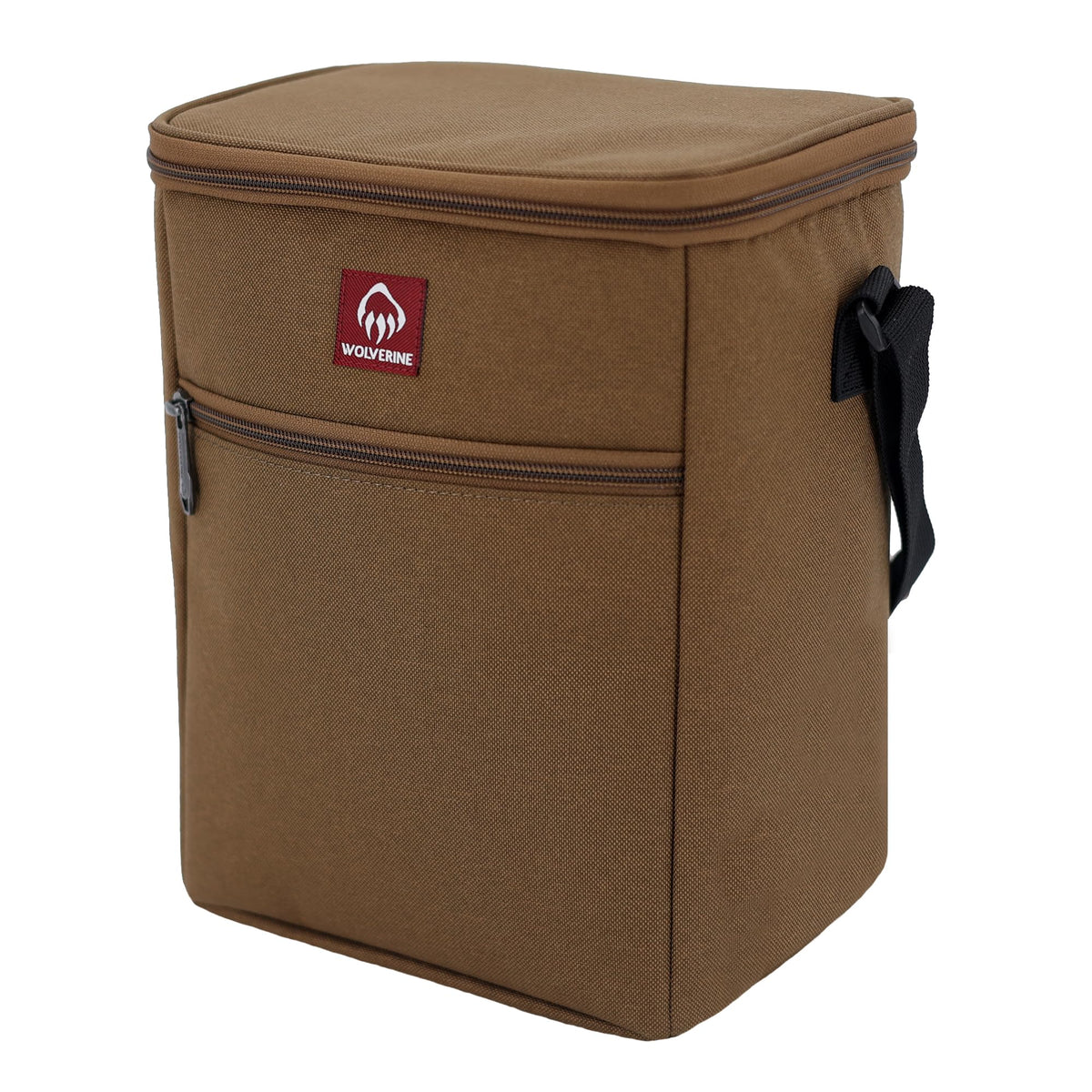 Wolverine Vertical 12 Can Cooler Chestnut front view shows durable fabric and roomy insulated space.