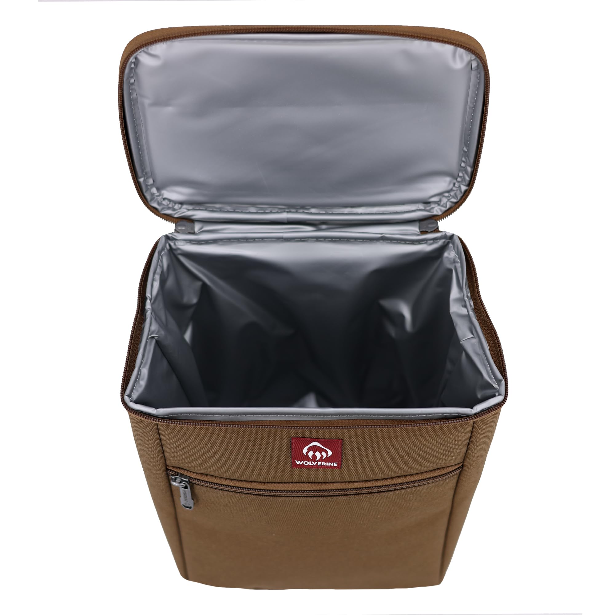 Wolverine Vertical 12 Can Cooler Chestnut material close-up shows dirt and water resistance.