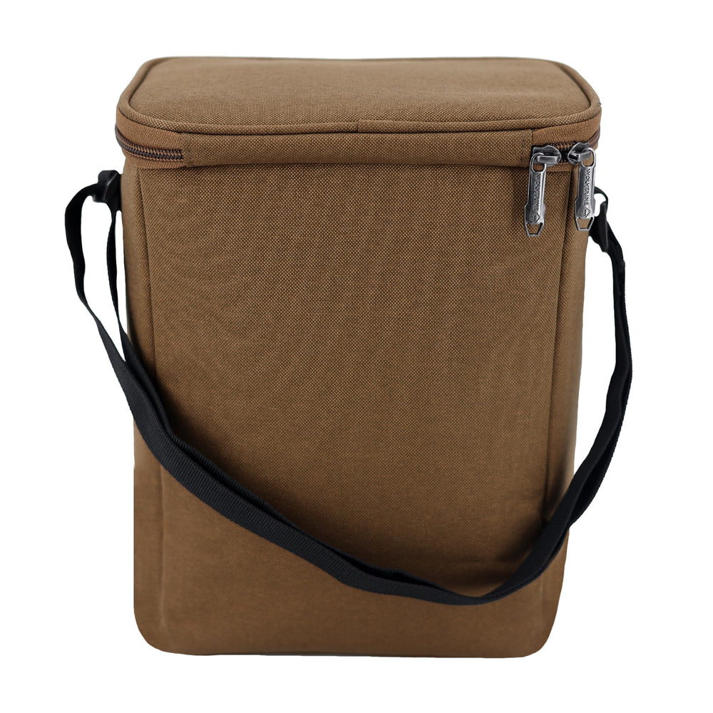 Wolverine Vertical 12 Can Cooler Chestnut open main compartment demonstrates easy access.