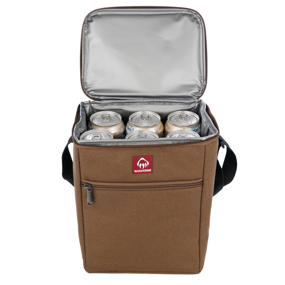 Wolverine Vertical 12 Can Cooler Chestnut shoulder strap demonstrates hands-free carrying.