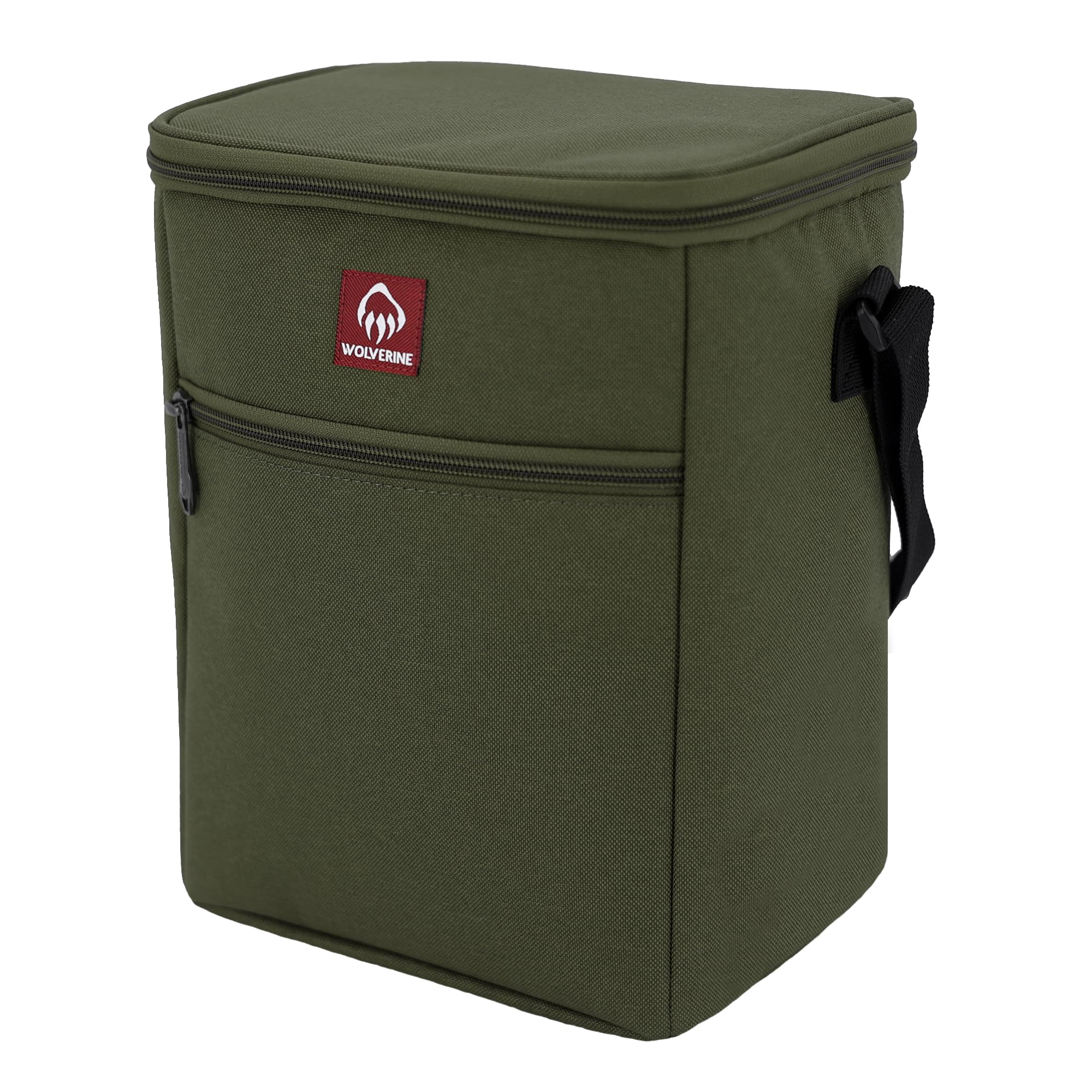 Wolverine Vertical 12 Can Cooler Olive front view with durable canvas and compact design.