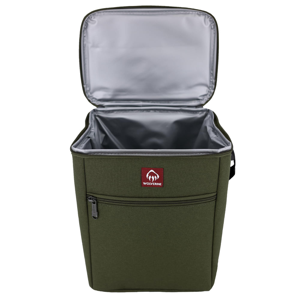 Wolverine Vertical 12 Can Cooler Olive front zip pocket stores utensils.