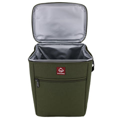 Wolverine Vertical 12 Can Cooler Olive front zip pocket stores utensils.