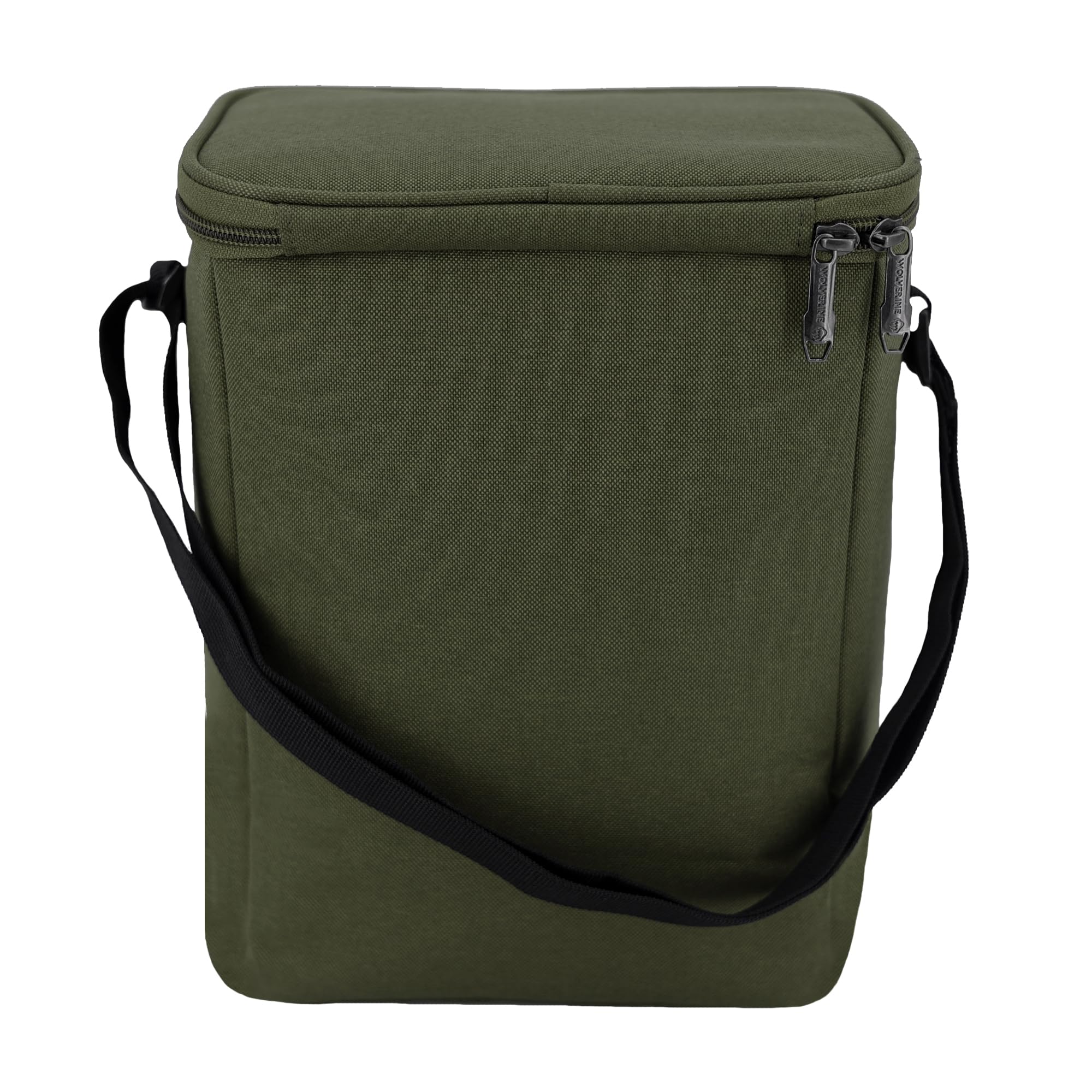 Wolverine Vertical 12 Can Cooler Olive insulated main compartment keeps beverages cool.