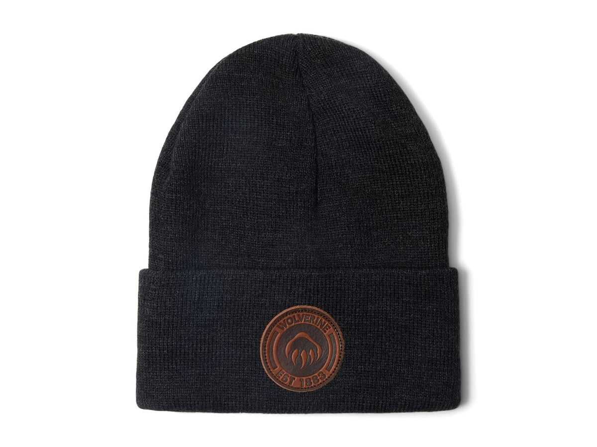 WOLVERINE unisex watch cap beanie with circular leather logo, charcoal grey, US size S-XL