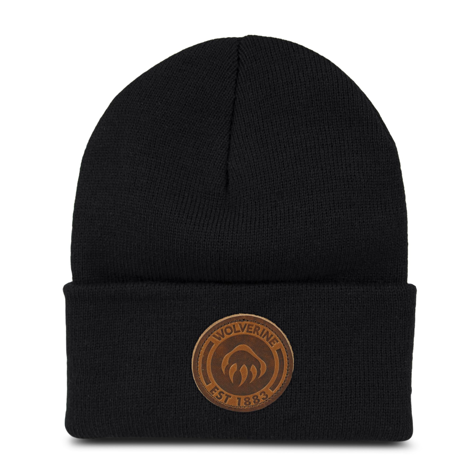 Wolverine watch cap circle logo black closeup for warmth