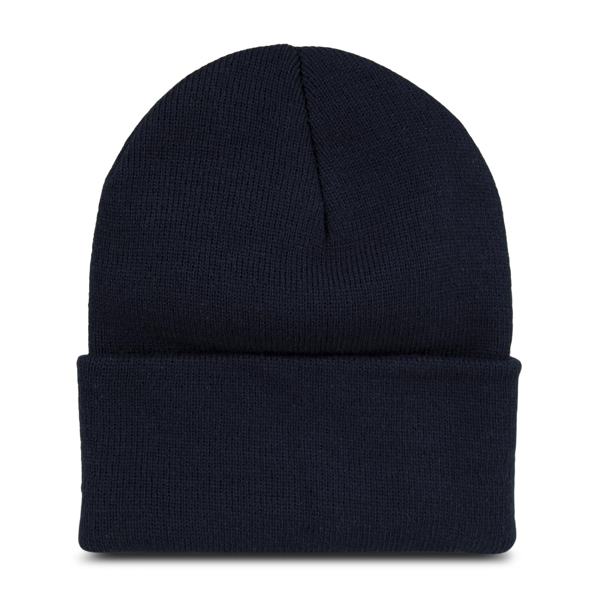 Close-up of Wolverine circle logo on knit cap in dark navy.