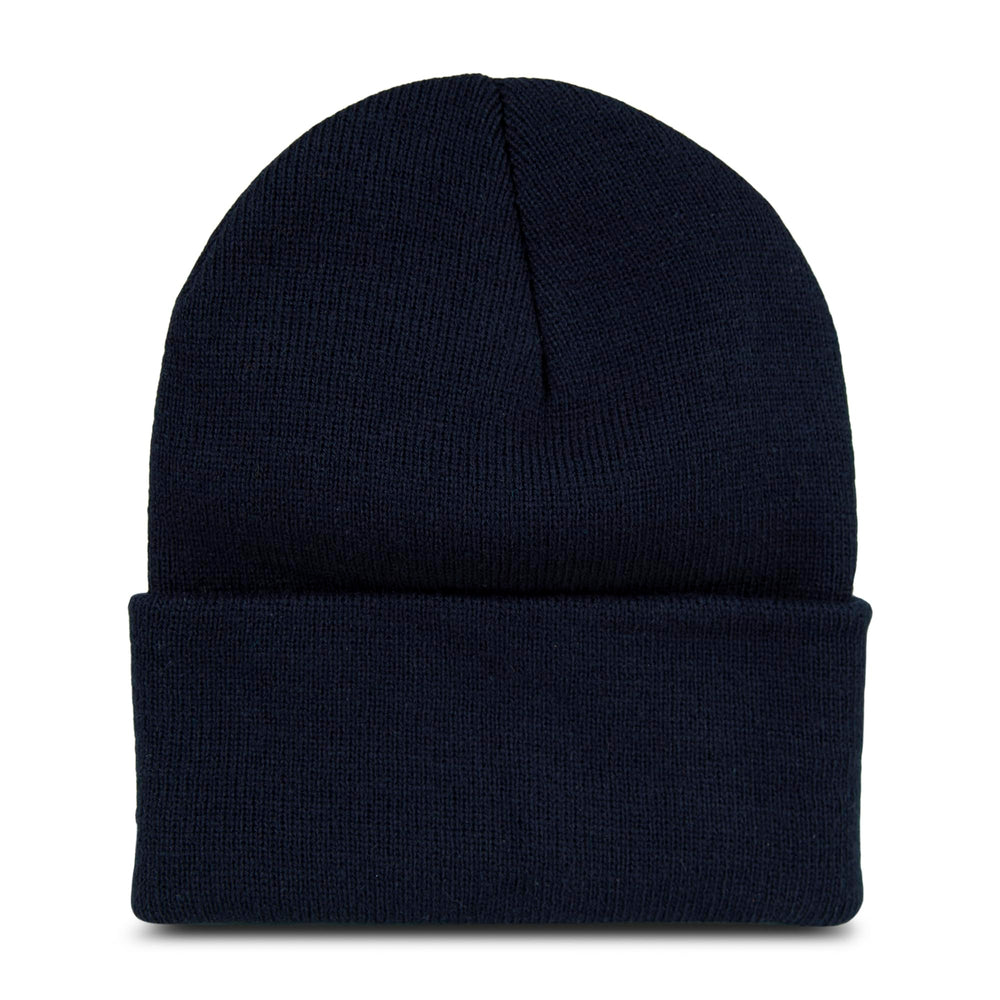Close-up of Wolverine circle logo on knit cap in dark navy.