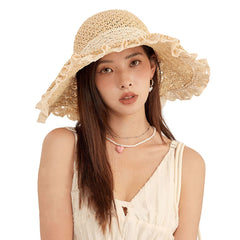 Beige lace wide brim straw hat front view