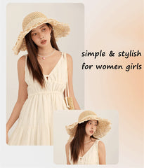 Folded beige straw hat to demonstrate packable design