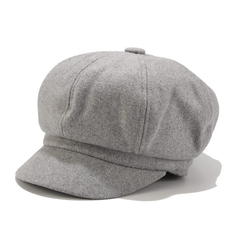 Light gray women's beret newsboy hat worn by model