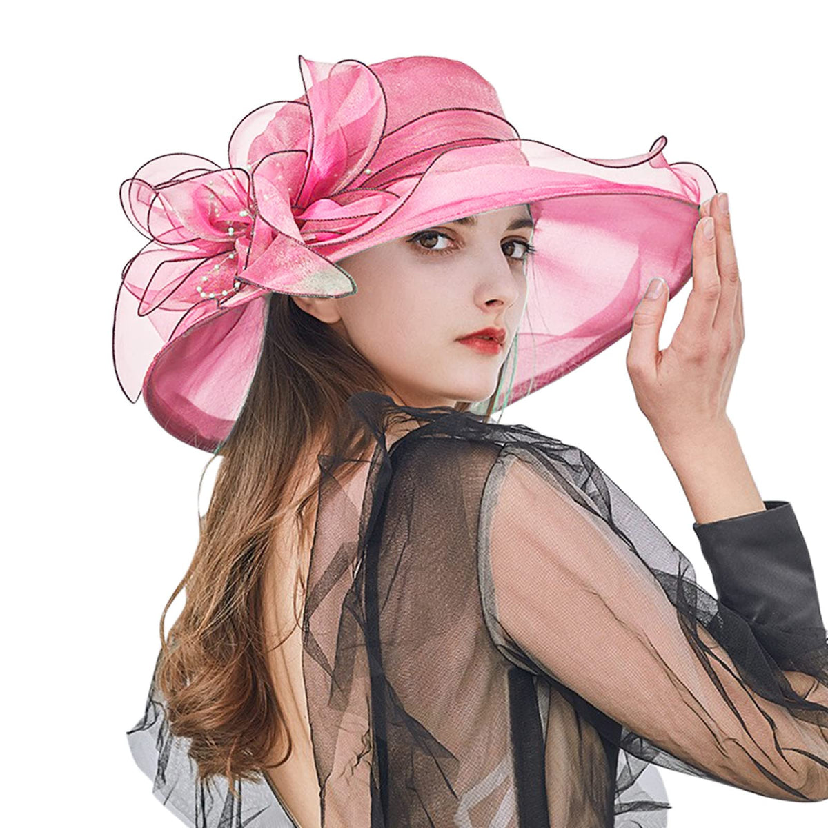 Women Church Hat hot pink with flower detail, perfect for weddings and tea parties.
