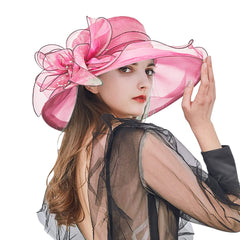 Women Church Hat hot pink with flower detail, perfect for weddings and tea parties.