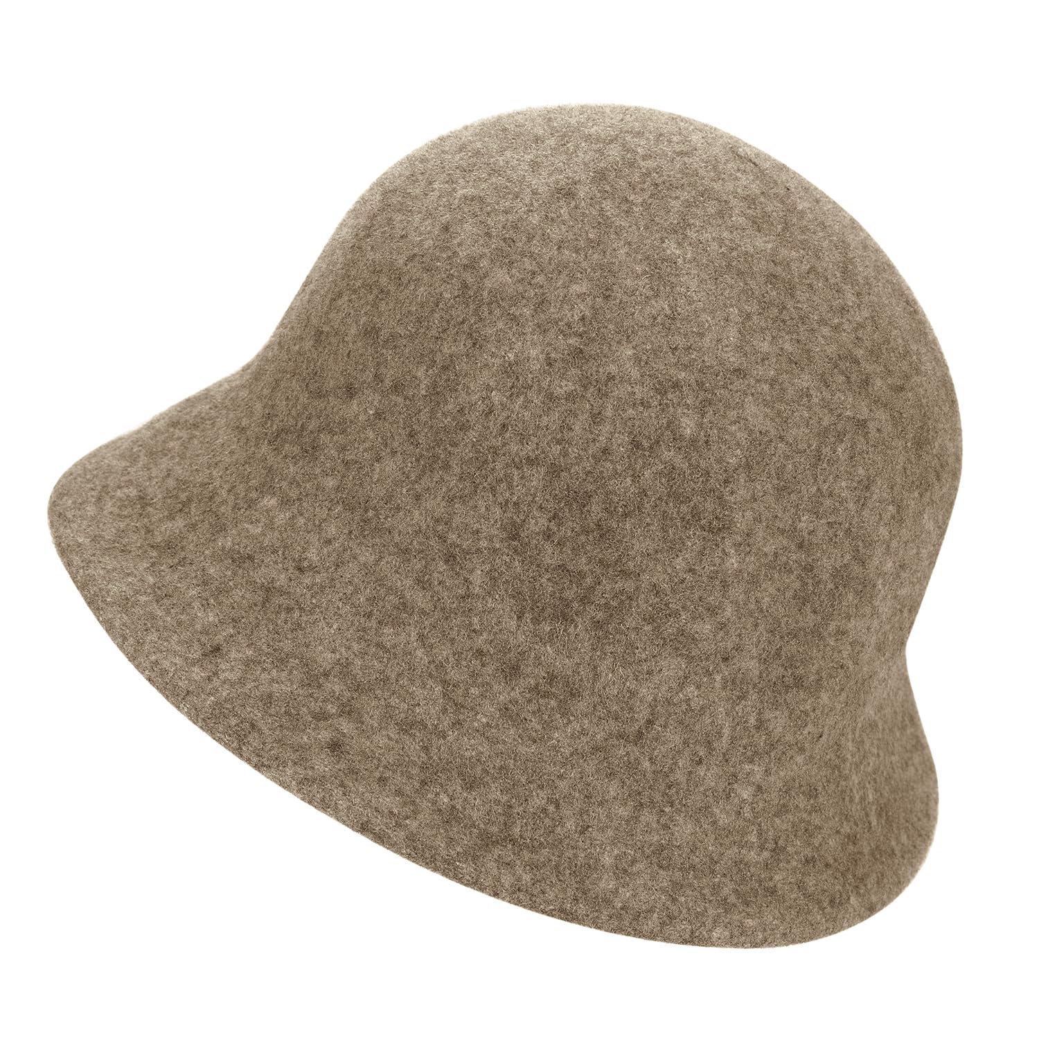 Close-up of flat brim and foldable design on faux wool felt cloche hat