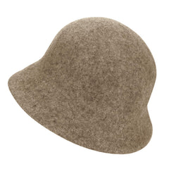 Close-up of flat brim and foldable design on faux wool felt cloche hat